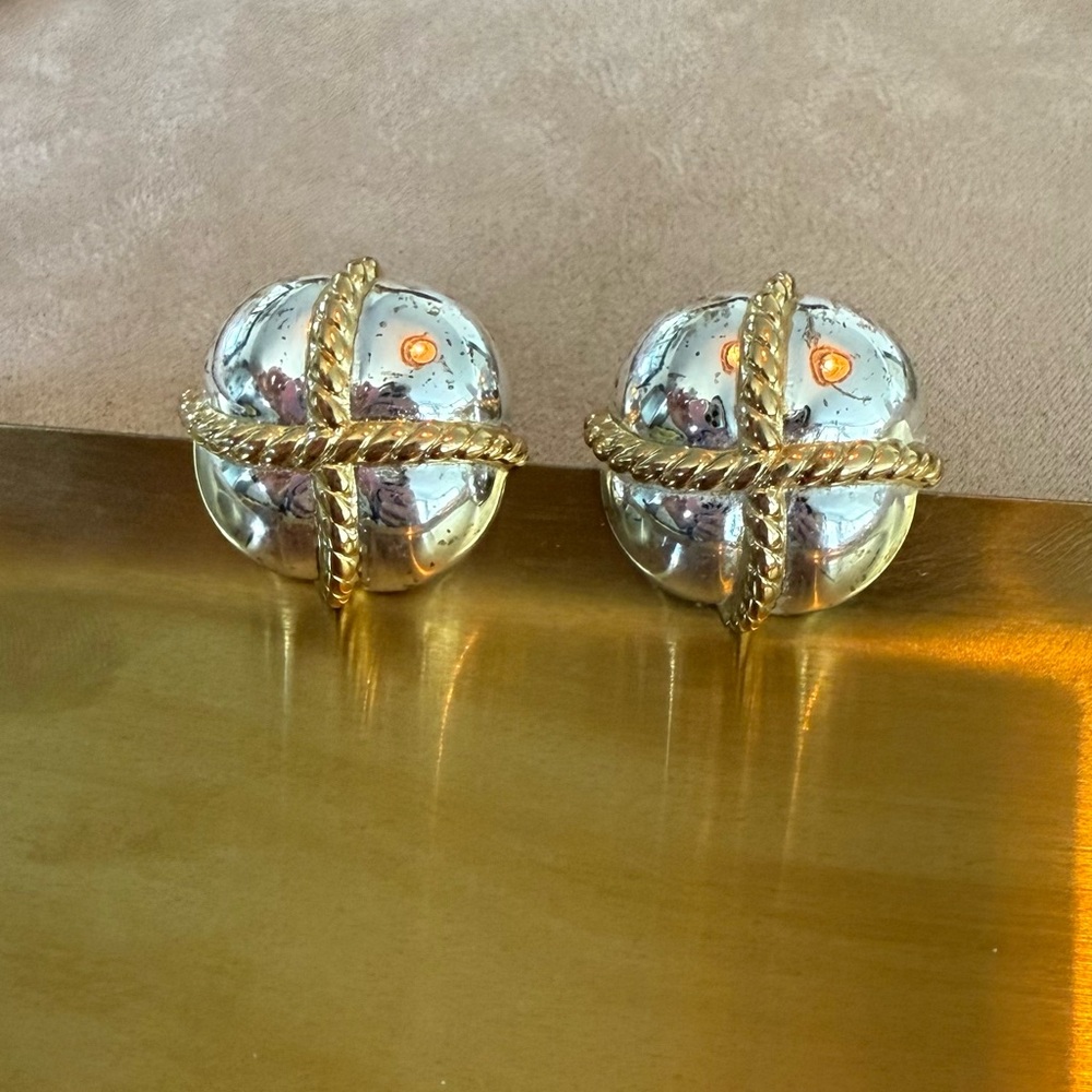 Vintage Gold and Silver Rope Cross Dome Earrings - Women’s Fashion Jewelry
